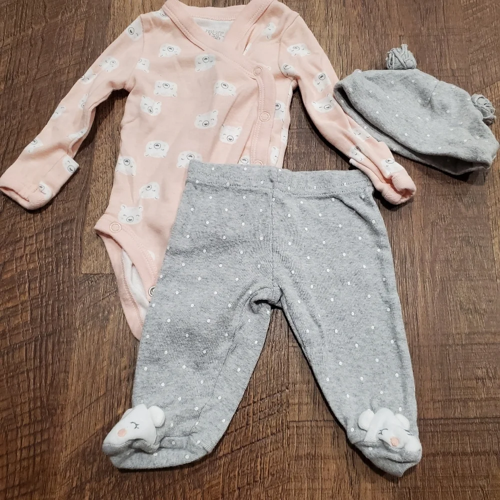Carters Baby Cotton Matching Set Pink Gray Bear Bodysuit Polka Dot Leggings Hat
